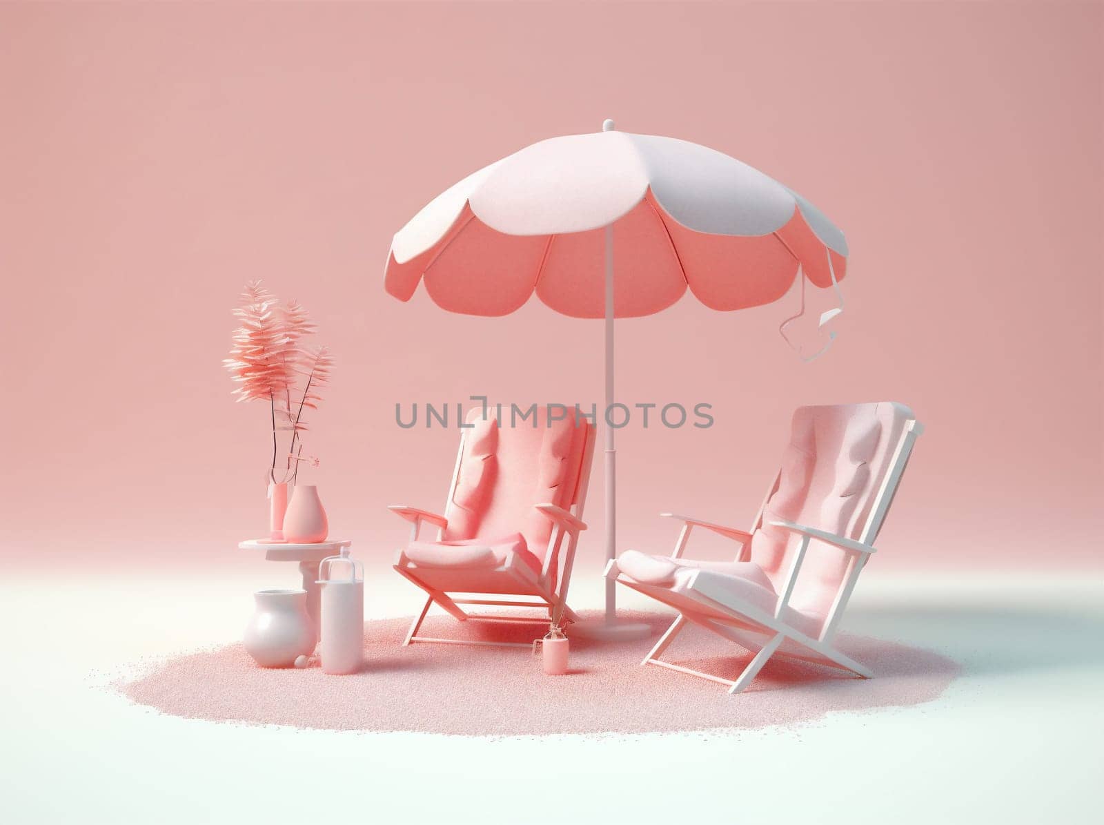 blue season background relaxation parasol sea pink summer chair leisure umbrella retro sand holiday vacation lifestyle sun space striped design copy. Generative AI.