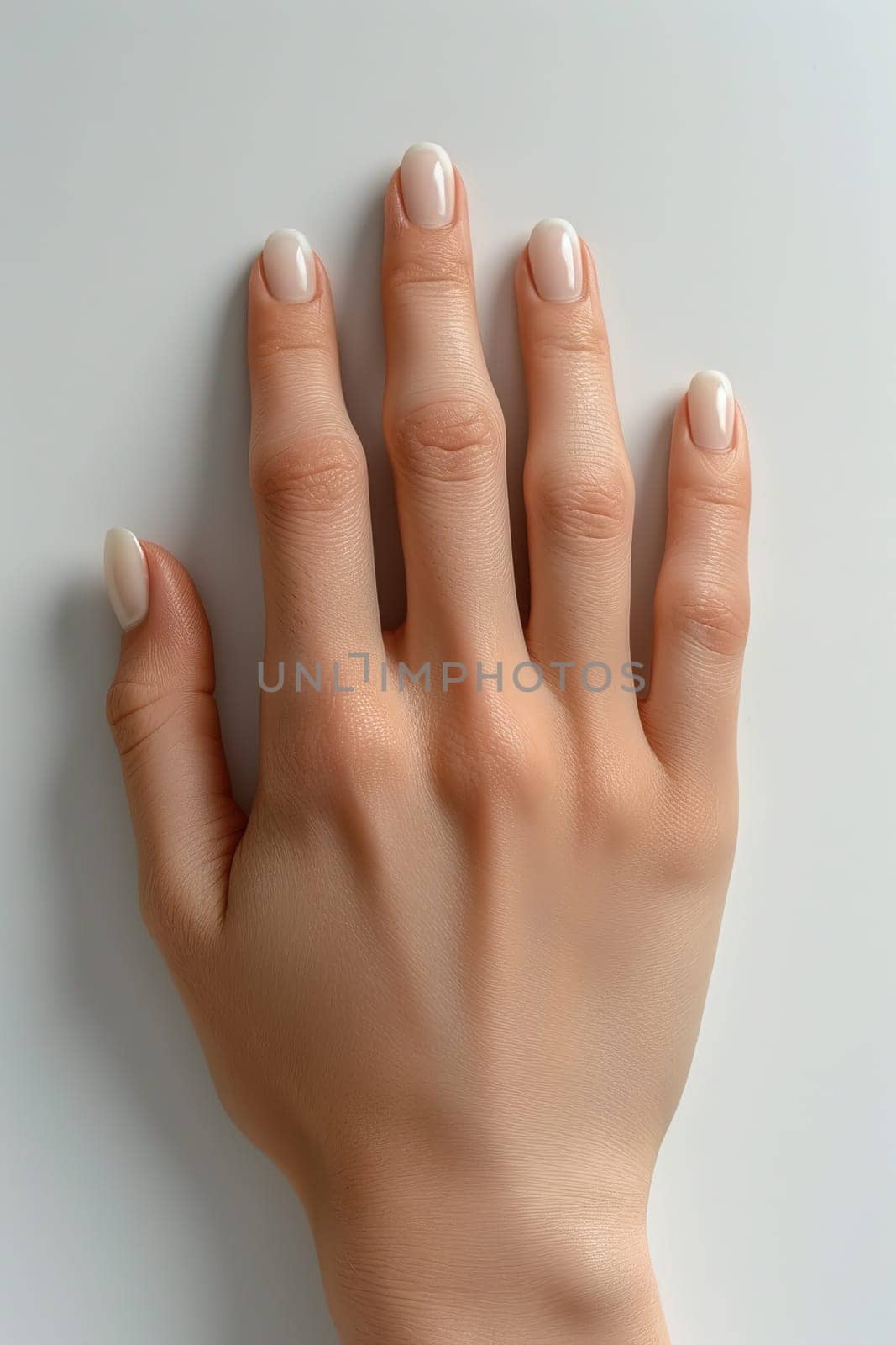 Two hands with nails painted in a light pink color. The hands are positioned in a way that they are facing each other, with the fingers spread apart. Scene is one of relaxation and carefree enjoyment