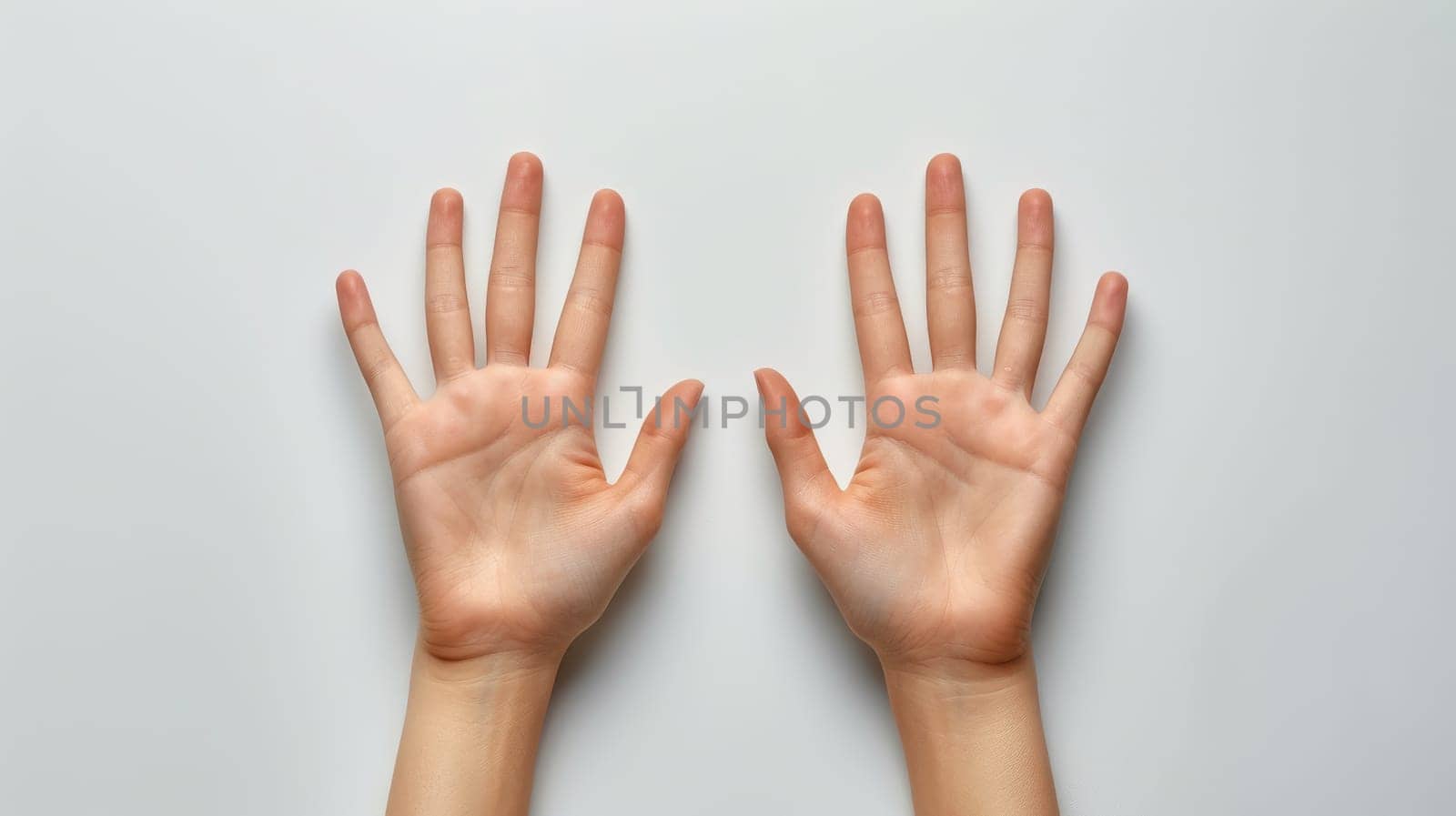 Two hands with nails painted in a light pink color. The hands are positioned in a way that they are facing each other, with the fingers spread apart. Scene is one of relaxation and carefree enjoyment