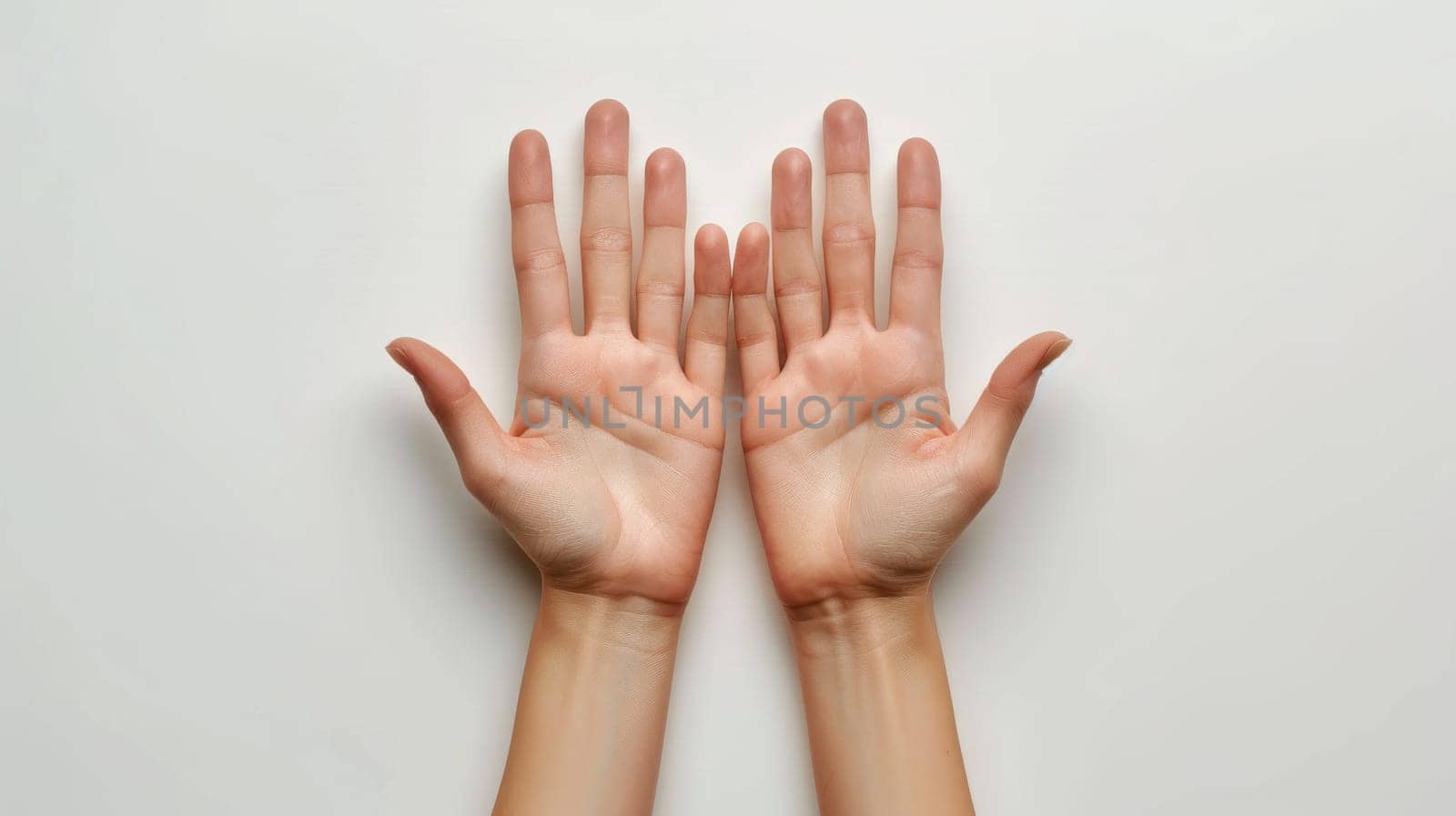 Two hands with nails painted in a light pink color. The hands are positioned in a way that they are facing each other, with the fingers spread apart. Scene is one of relaxation and carefree enjoyment
