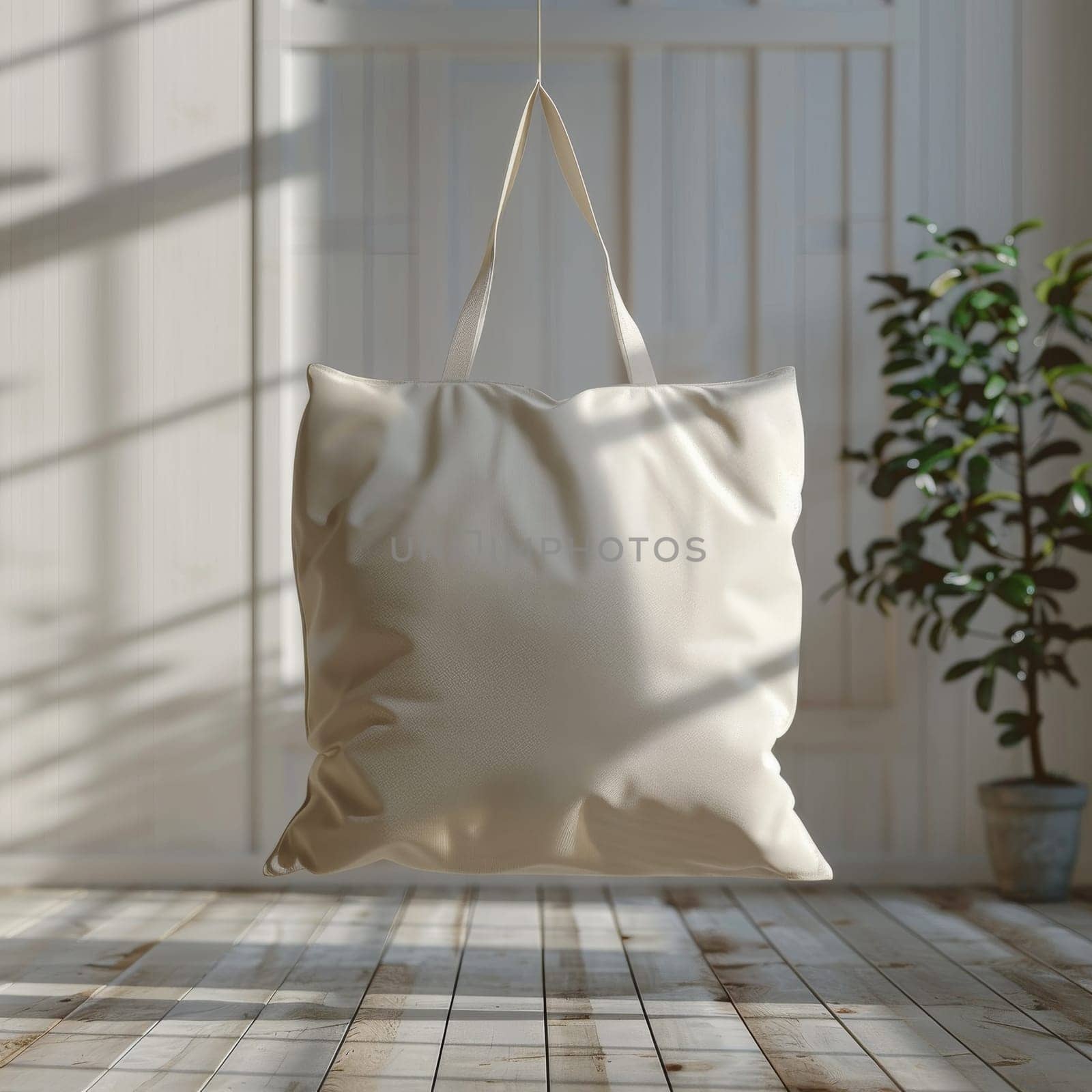 A white tote bag is hanging from a window sill by itchaznong