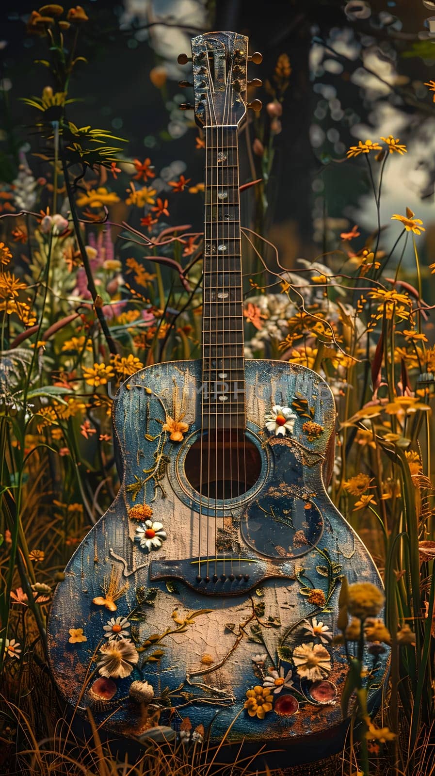 An acoustic guitar is placed in a field surrounded by colorful flowers, contrasting with the urban landscape of skyscrapers and tower blocks in the background
