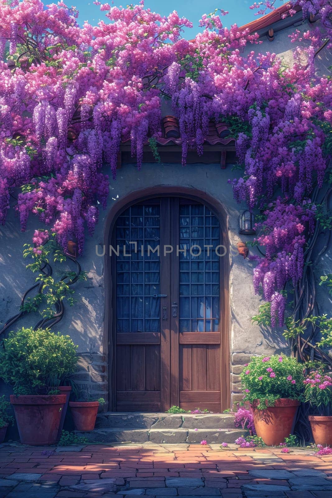 The Wisteria sinensis plant with lilac flowers decorates the entrance to the house. 3d illustration.