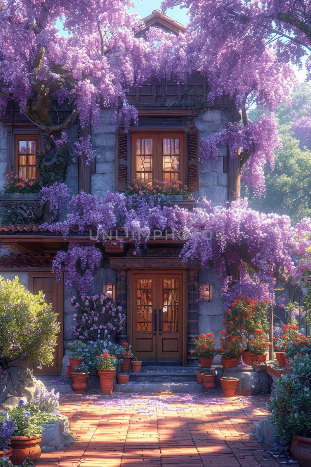 The Wisteria sinensis plant with lilac flowers decorates the entrance to the house. 3d illustration.