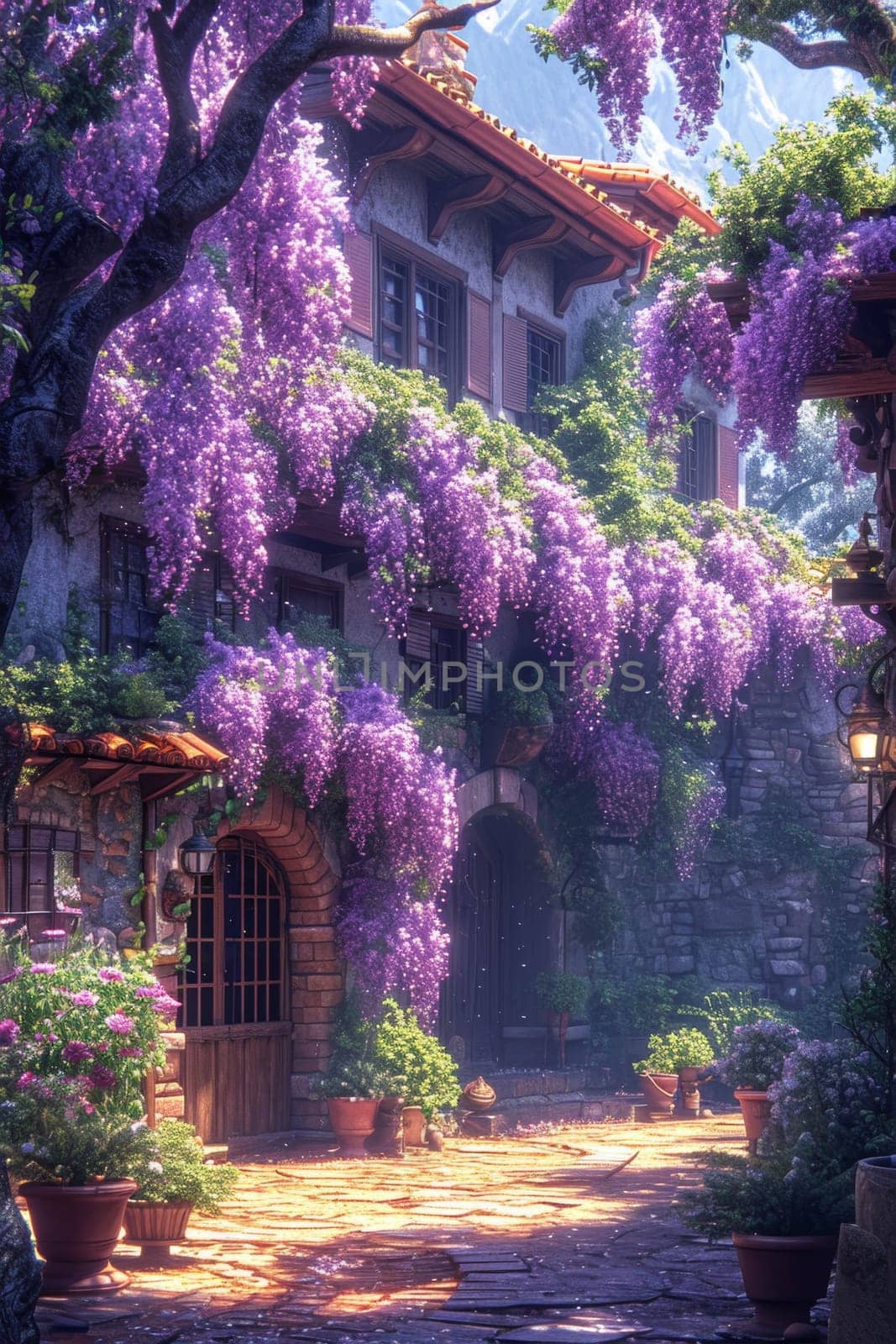 The Wisteria sinensis plant with lilac flowers decorates the entrance to the house. 3d illustration by Lobachad