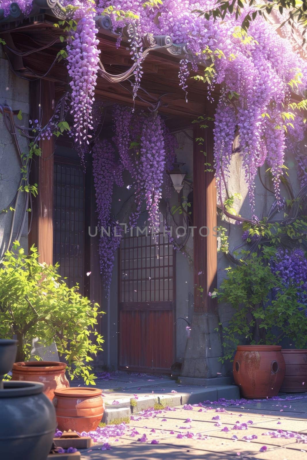 The Wisteria sinensis plant with lilac flowers decorates the entrance to the house. 3d illustration by Lobachad