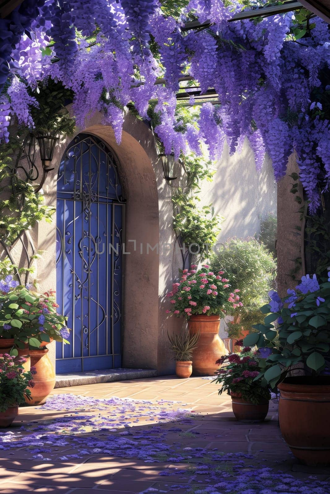 The Wisteria sinensis plant with lilac flowers decorates the entrance to the house. 3d illustration.