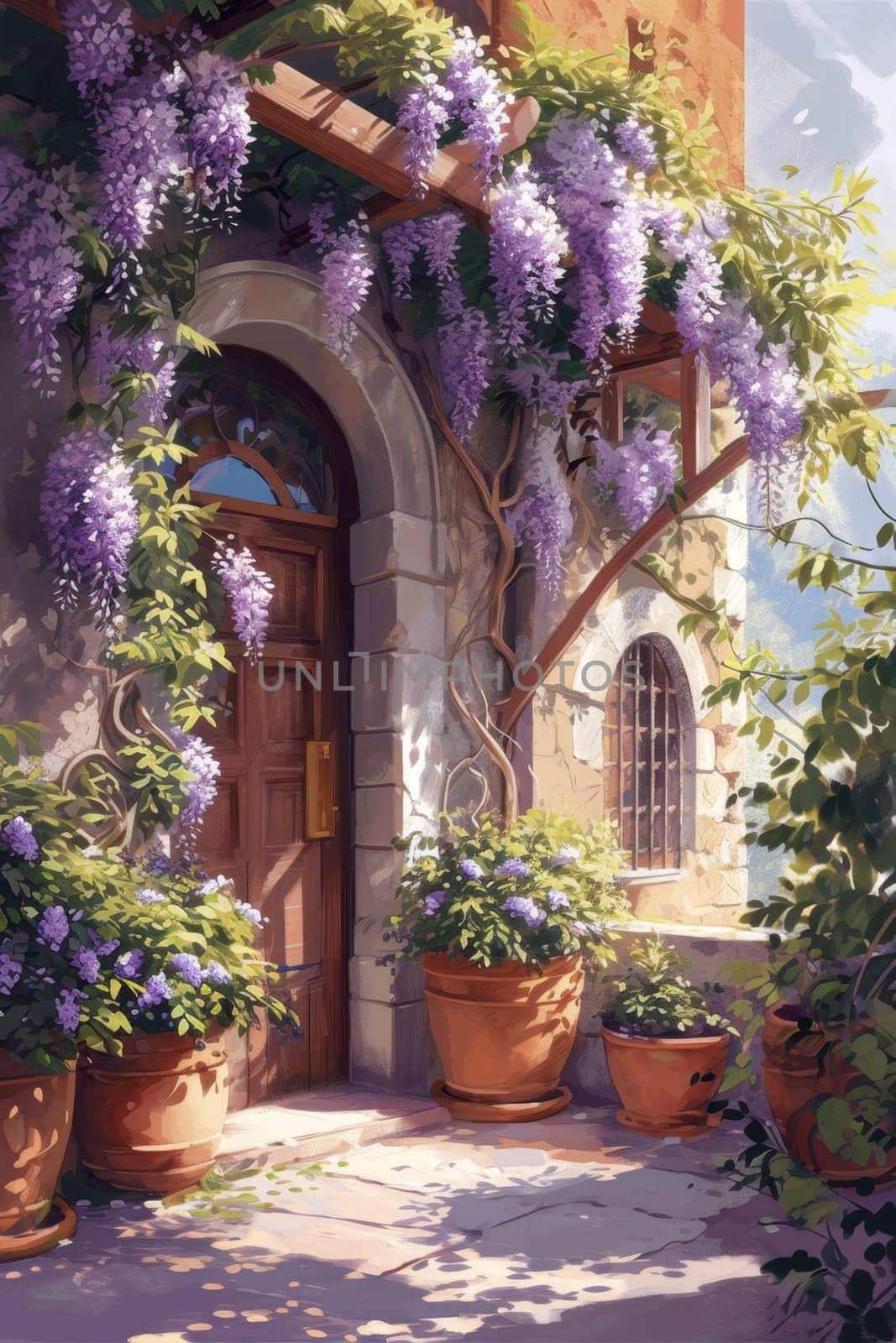 The Wisteria sinensis plant with lilac flowers decorates the entrance to the house. 3d illustration.