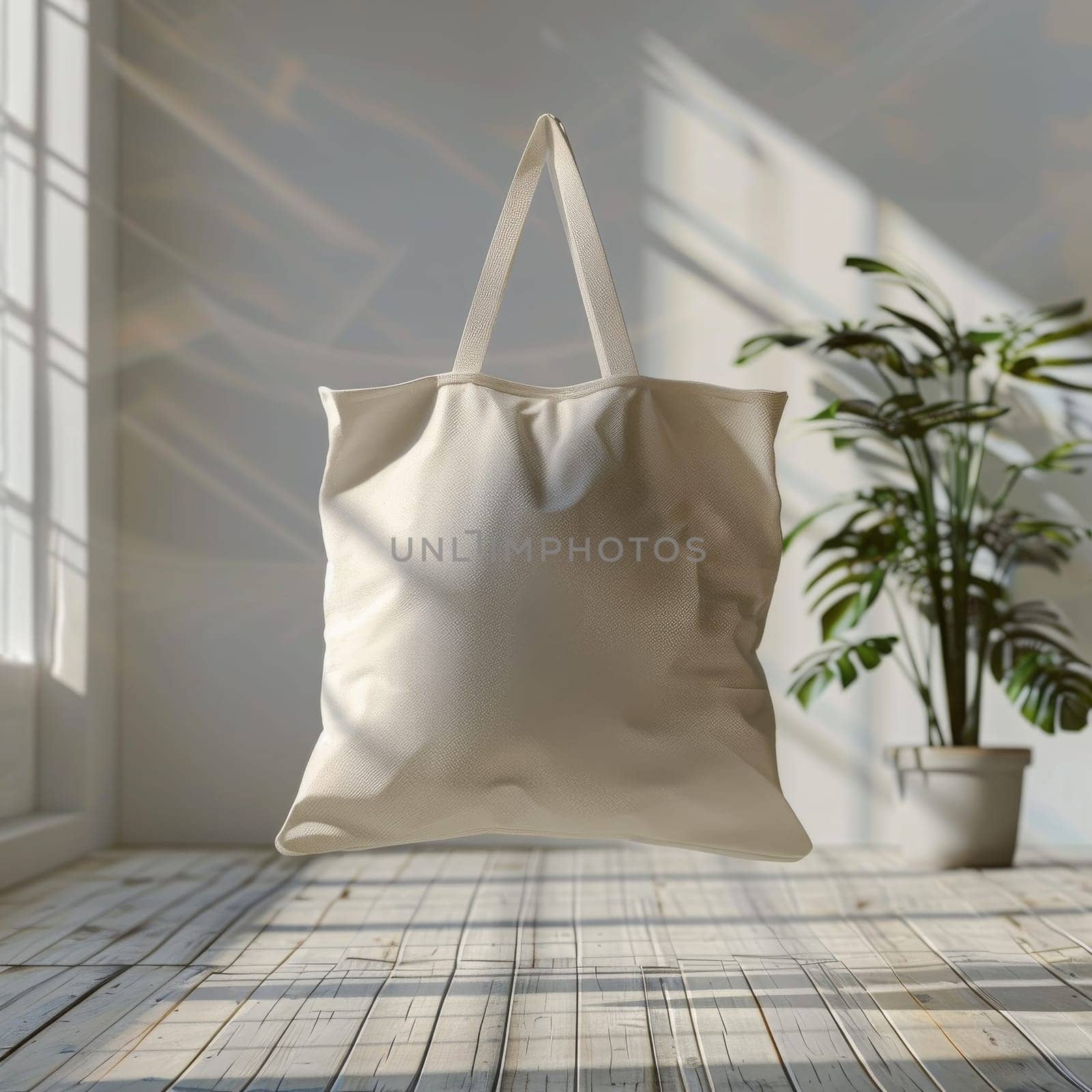 A white tote bag is hanging from a window sill. The bag is empty and the window is open, letting in a bright light. Concept of calm and serenity, as the bag hangs peacefully in the sunlight