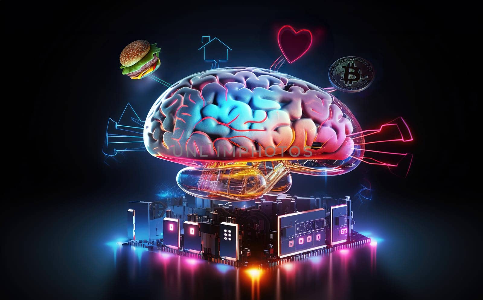 human brain on a platform of electrical chips with neon holograms of basic needs for food, home, love, money by KaterinaDalemans