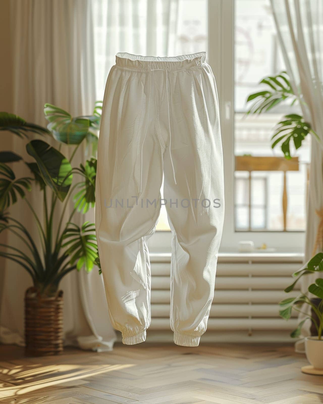 A pair of white pants is hanging in a room with a window and a potted plant by itchaznong