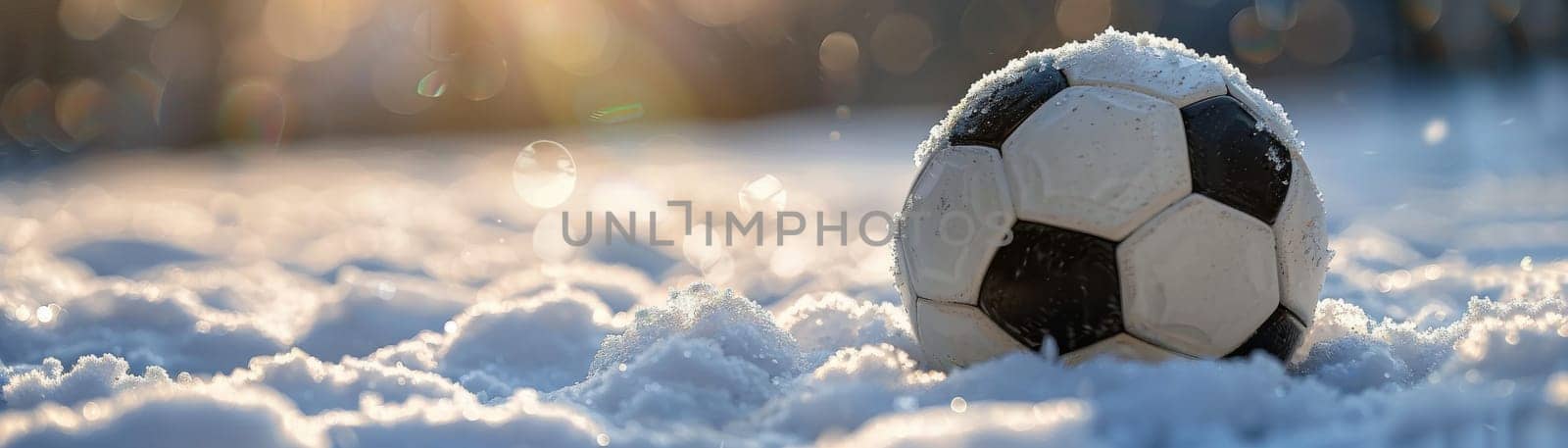 A soccer ball is sitting in the snow. The image has a peaceful and serene mood