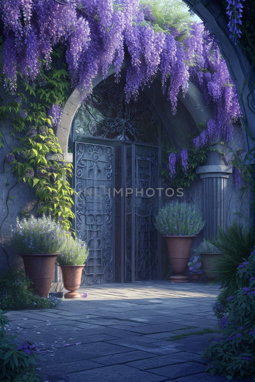 The Wisteria sinensis plant with lilac flowers decorates the entrance to the house. 3d illustration.