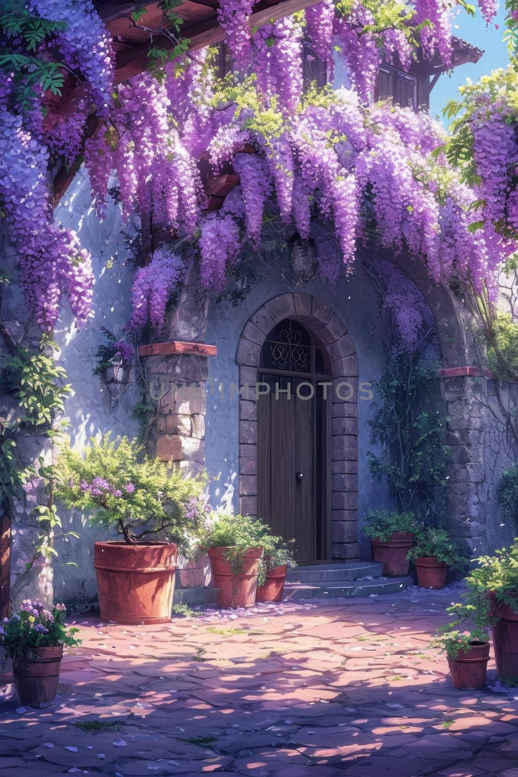 The Wisteria sinensis plant with lilac flowers decorates the entrance to the house. 3d illustration by Lobachad