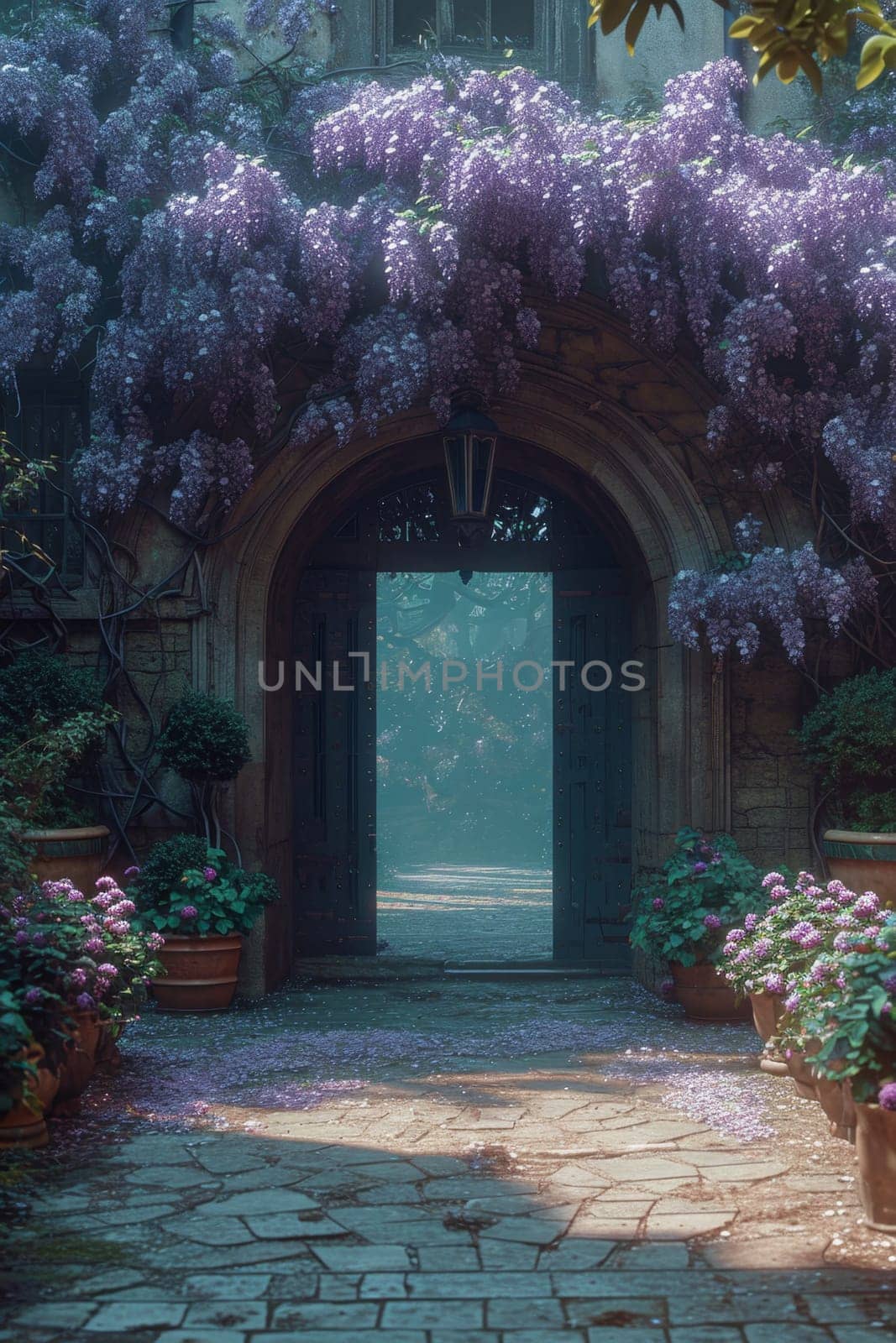 The Wisteria sinensis plant with lilac flowers decorates the entrance to the house. 3d illustration.