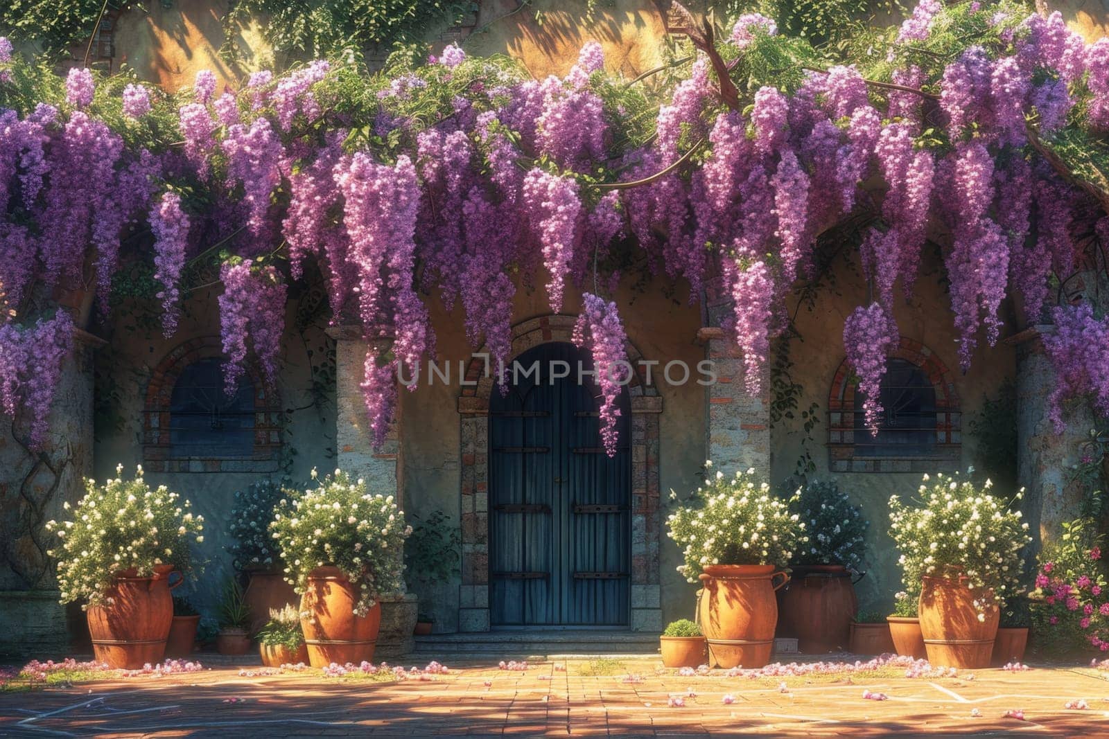 The Wisteria sinensis plant with lilac flowers decorates the entrance to the house. 3d illustration.