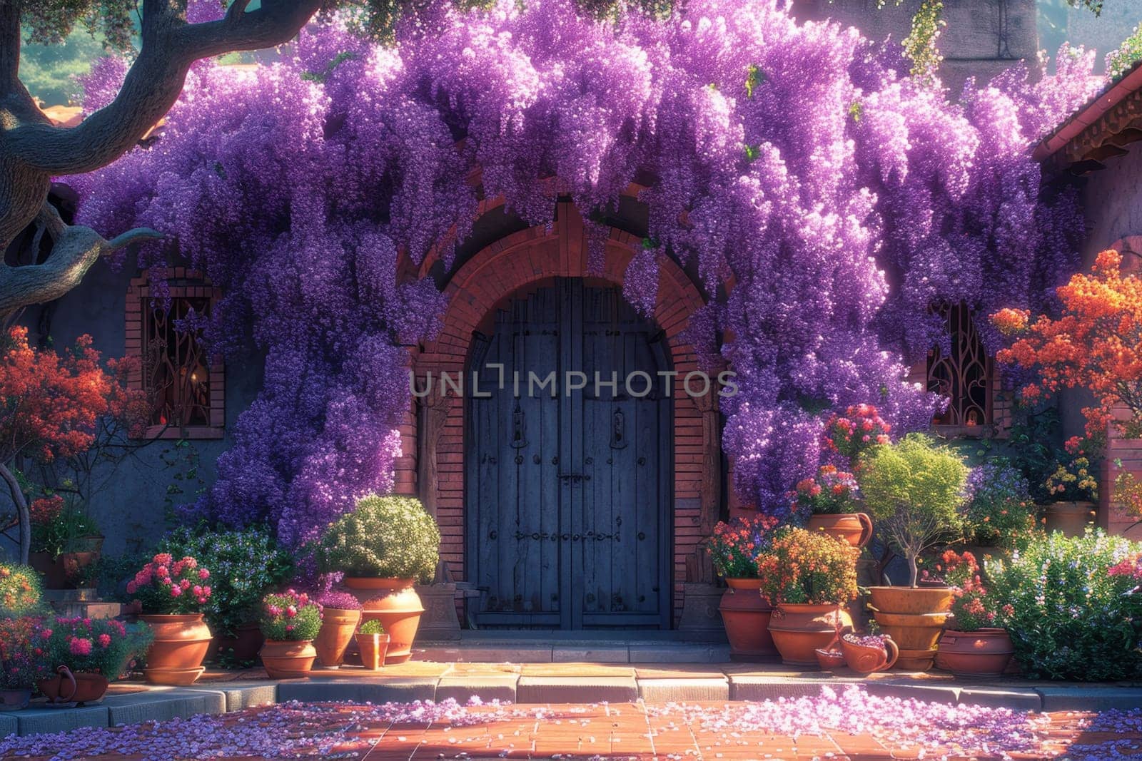 The Wisteria sinensis plant with lilac flowers decorates the entrance to the house. 3d illustration by Lobachad