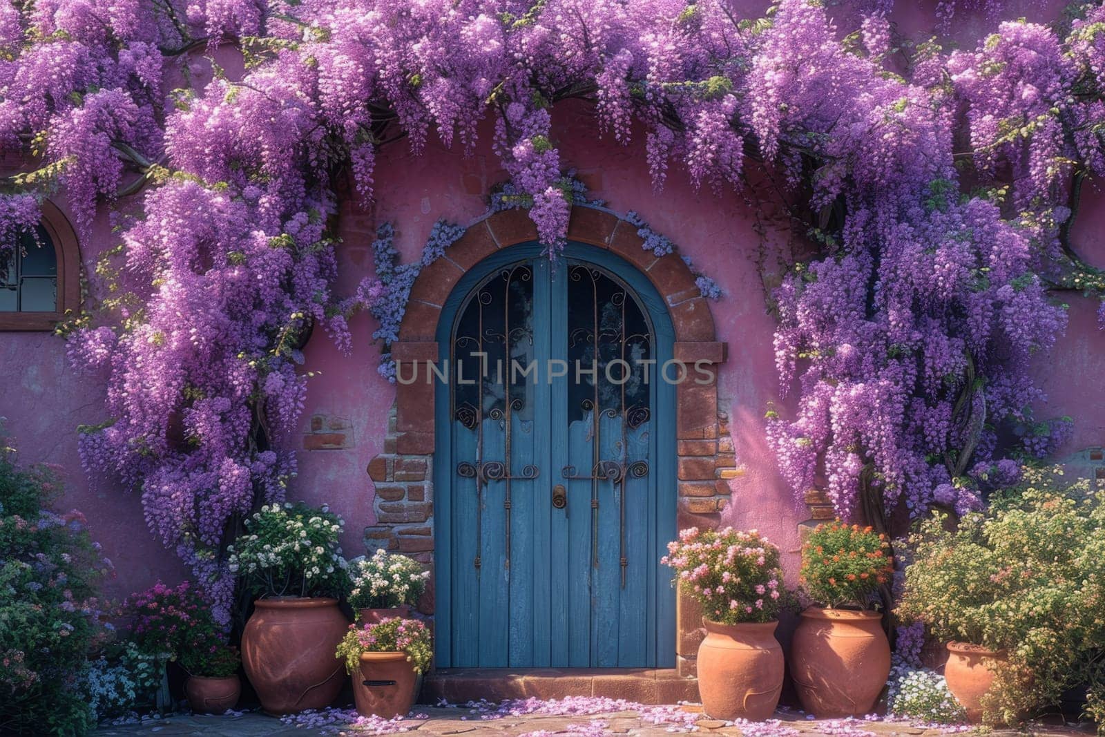 The Wisteria sinensis plant with lilac flowers decorates the entrance to the house. 3d illustration.