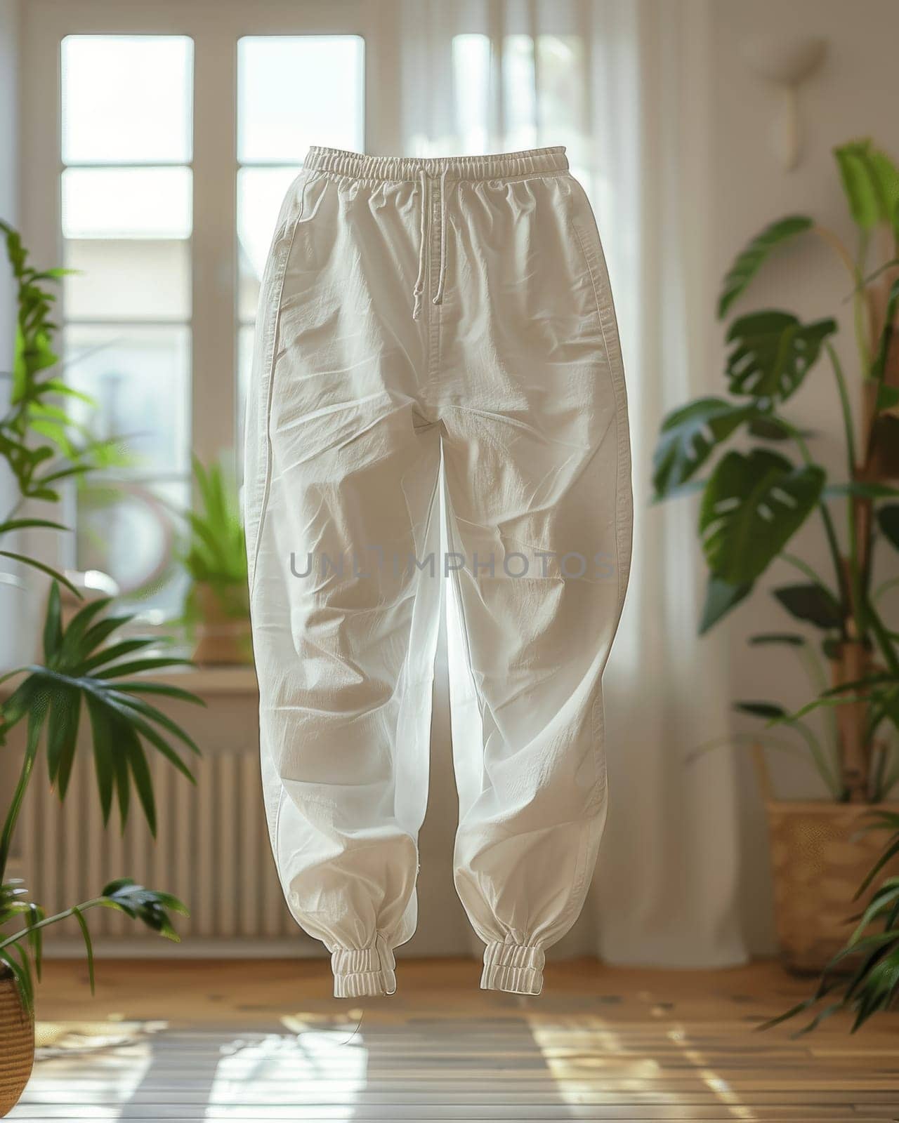 A pair of white pants is hanging in a room with a window and a potted plant. The pants are white and have a casual, relaxed vibe