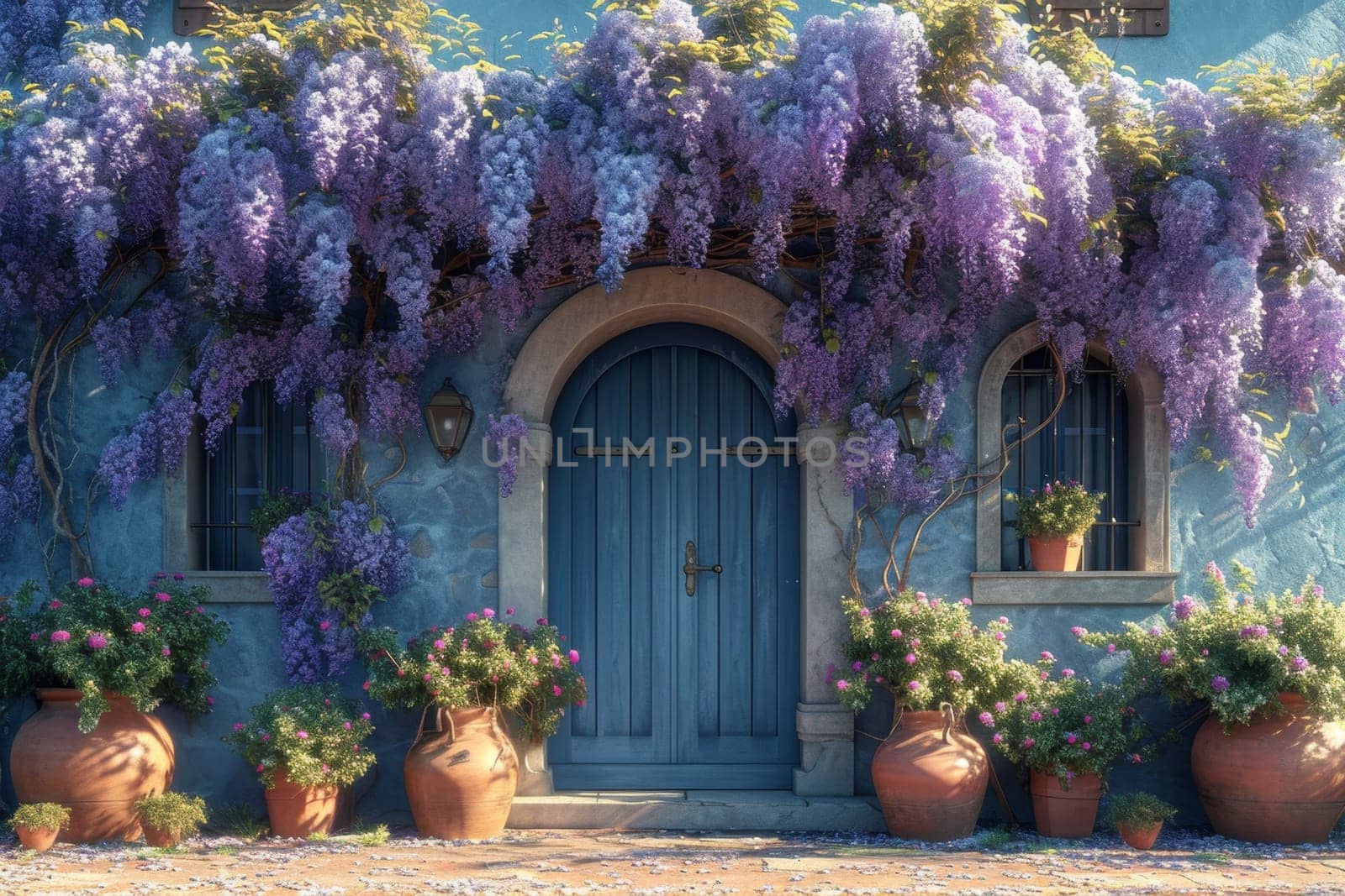 The Wisteria sinensis plant with lilac flowers decorates the entrance to the house. 3d illustration.