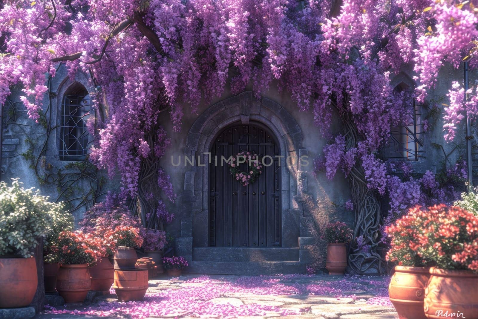 The Wisteria sinensis plant with lilac flowers decorates the entrance to the house. 3d illustration.