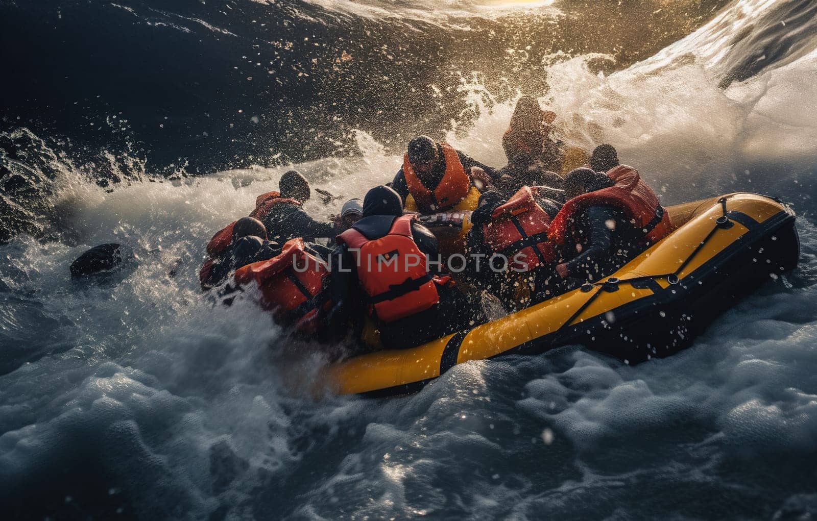 group of refugees in life jackets on rubber boat in middle of raging waves in the ocean migration crisis problems by KaterinaDalemans