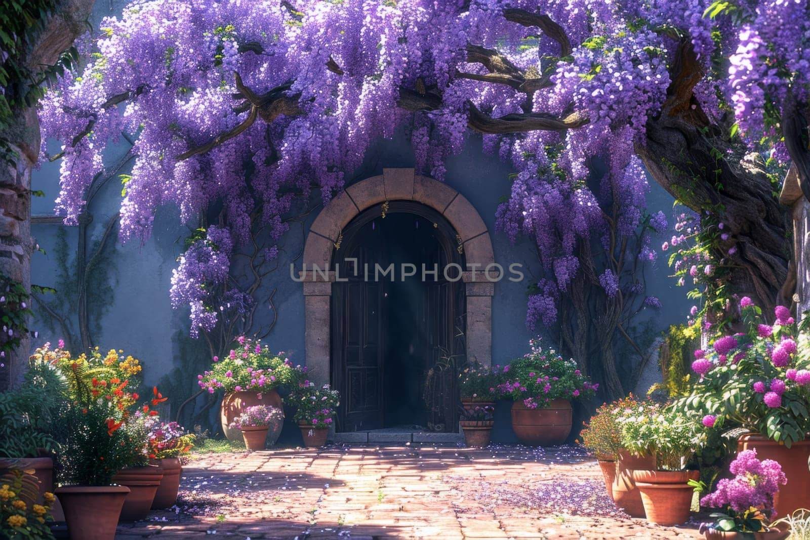 The Wisteria sinensis plant with lilac flowers decorates the entrance to the house. 3d illustration by Lobachad