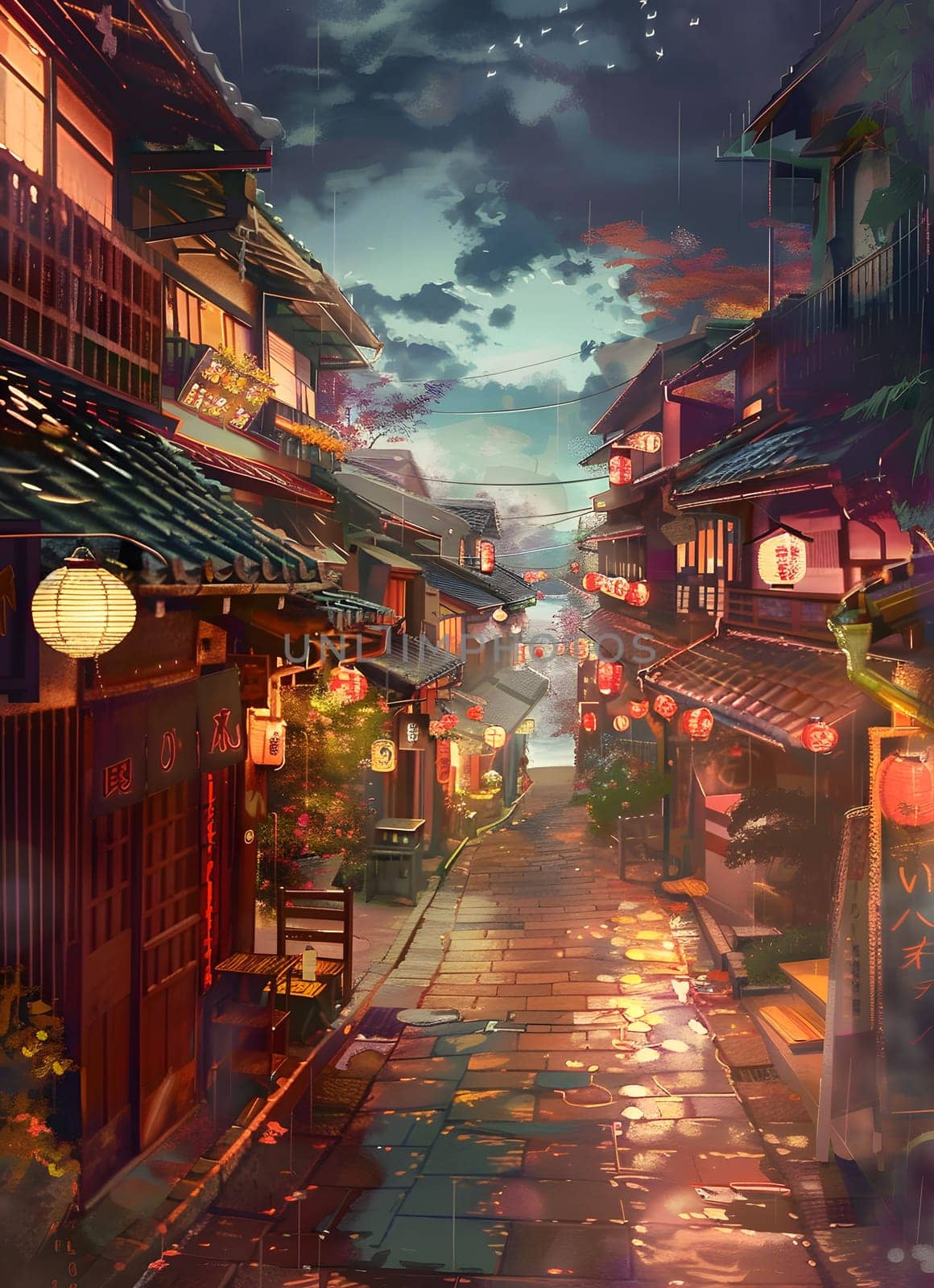 A painting of a city street at night with buildings, lanterns, and a cloudy sky by Nadtochiy