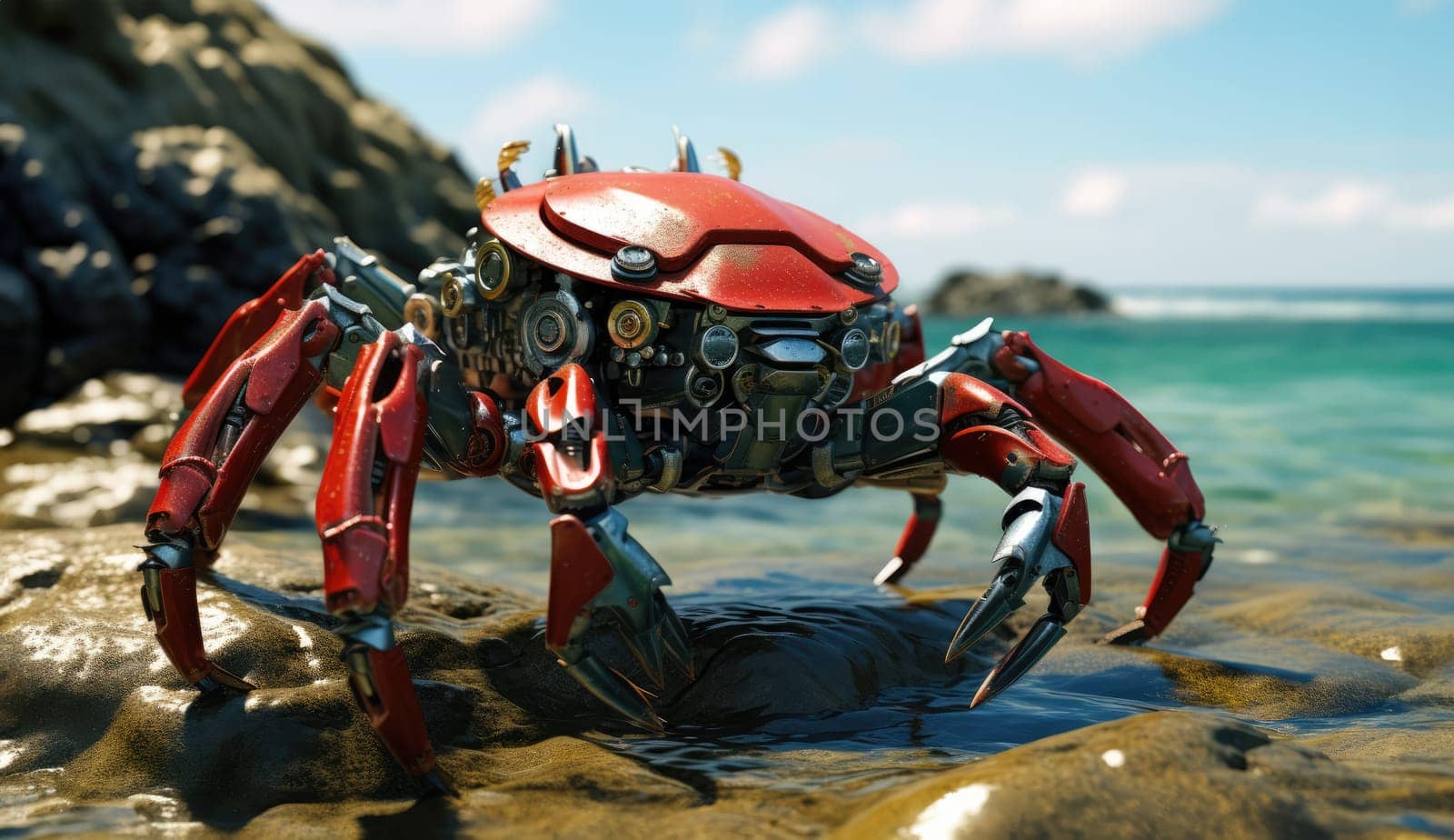 Robot crab on the seashore among the rocks. Hidden among the rocks, a cybernetic crab monitors the state of the seashore, helping scientists study ecosystems.