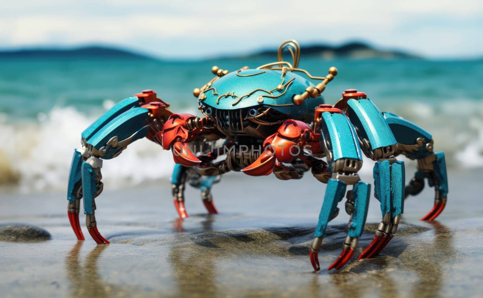 Robot crab on the seashore among the rocks. Hidden among the rocks, a cybernetic crab monitors the state of the seashore, helping scientists study ecosystems.