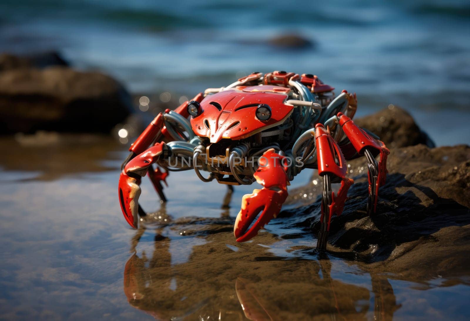 Robot crab on the seashore among the rocks.  by palinchak