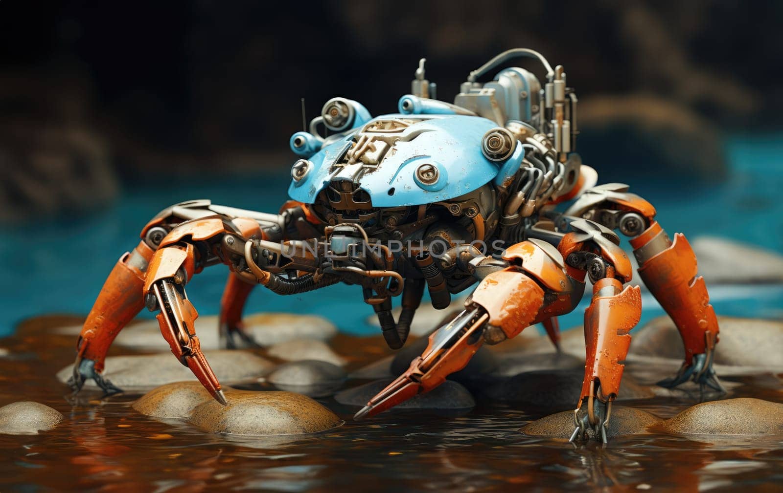 Robot crab on the seashore among the rocks.  by palinchak