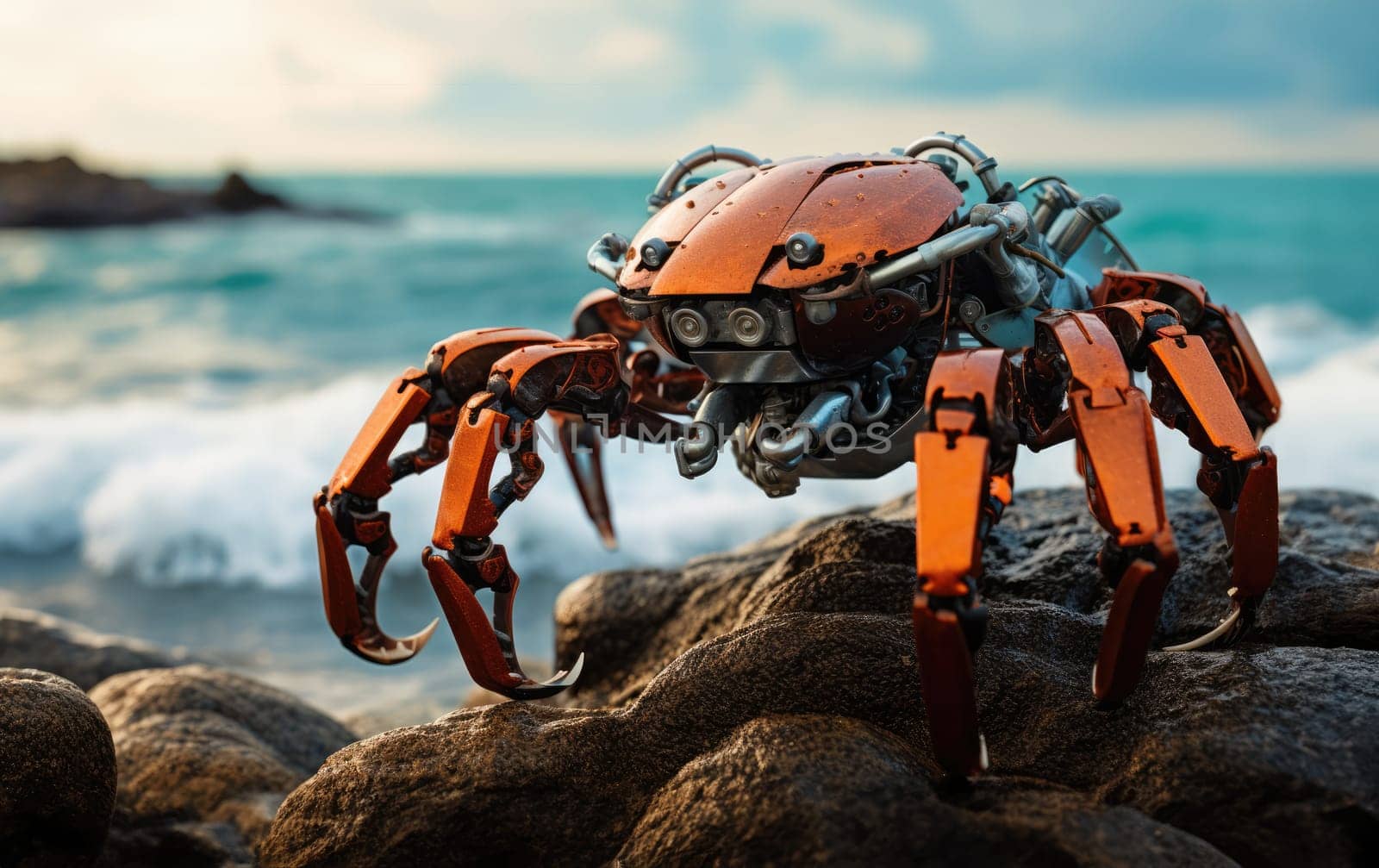 Robot crab on the seashore among the rocks. Hidden among the rocks, a cybernetic crab monitors the state of the seashore, helping scientists study ecosystems.