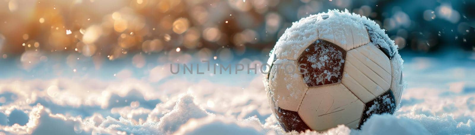 A soccer ball is sitting in the snow. The image has a peaceful and serene mood
