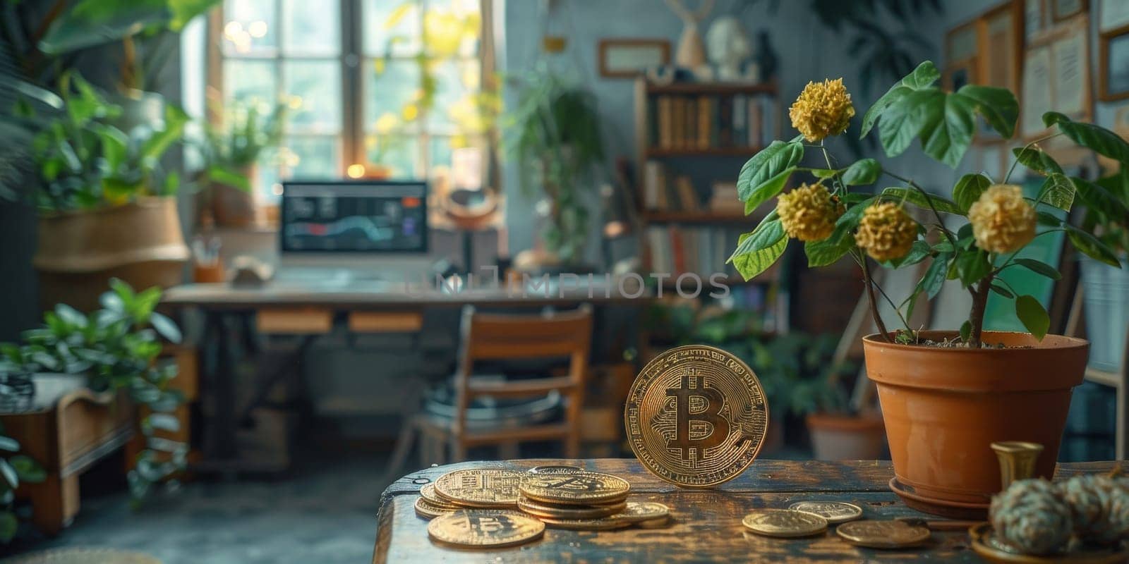 A room with a desk and a potted plant. A gold coin with the letter B on it sits on a table
