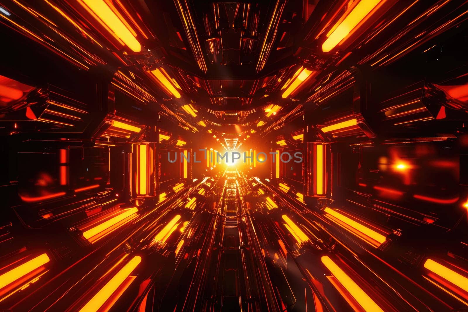 Abstract 3D space with glowing orange rays cutting through the darkness. Create a futuristic by AI generated image.