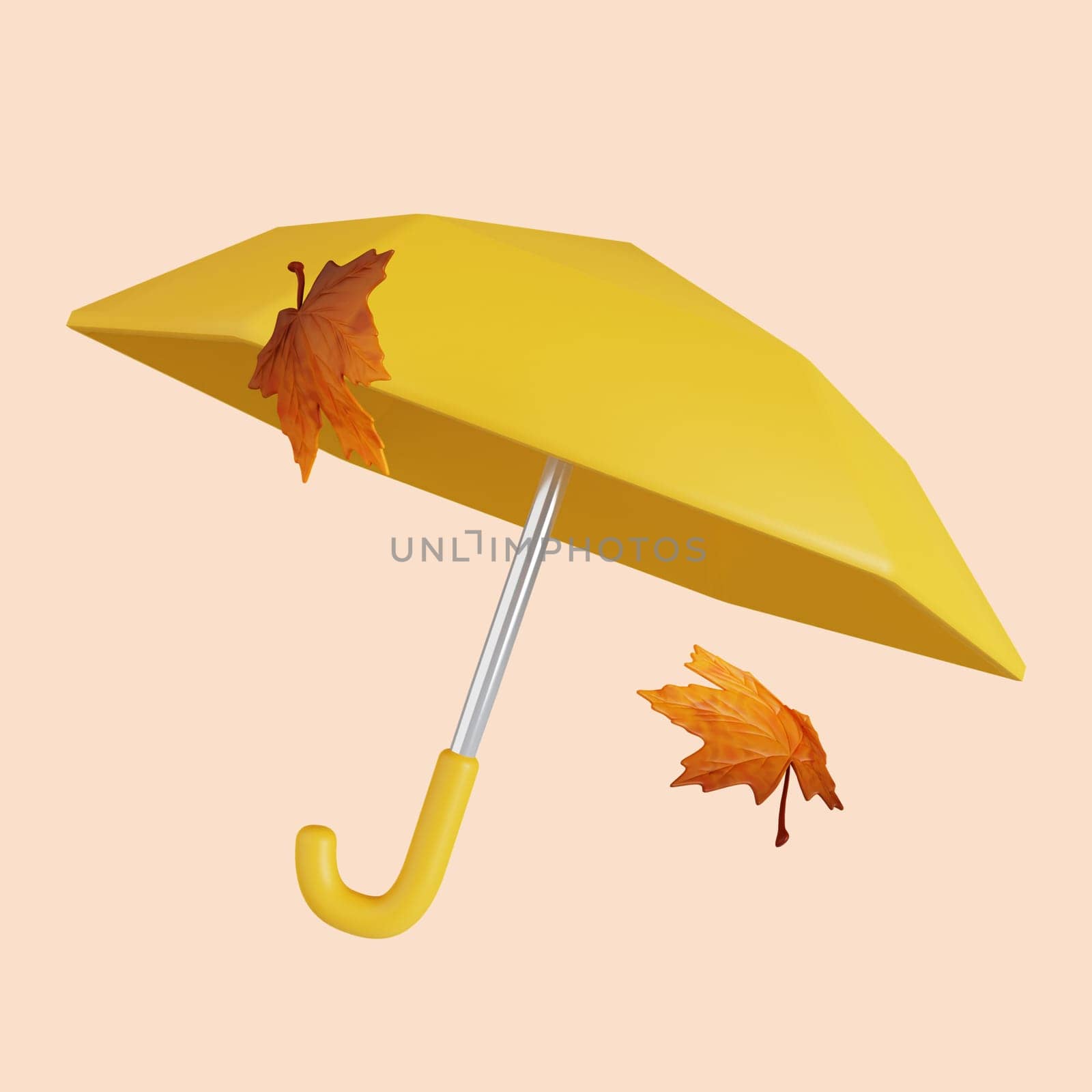 3d Autumn Umbrella with maple leaf. Golden fall. Season decoration. icon isolated on gray background. 3d rendering illustration. Clipping path..