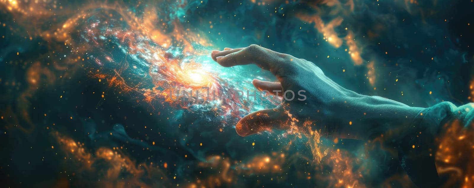 Conceptual design of a hand extending from a galaxy. Touch of human hands against the background of cosmic energy. by AI generated image.
