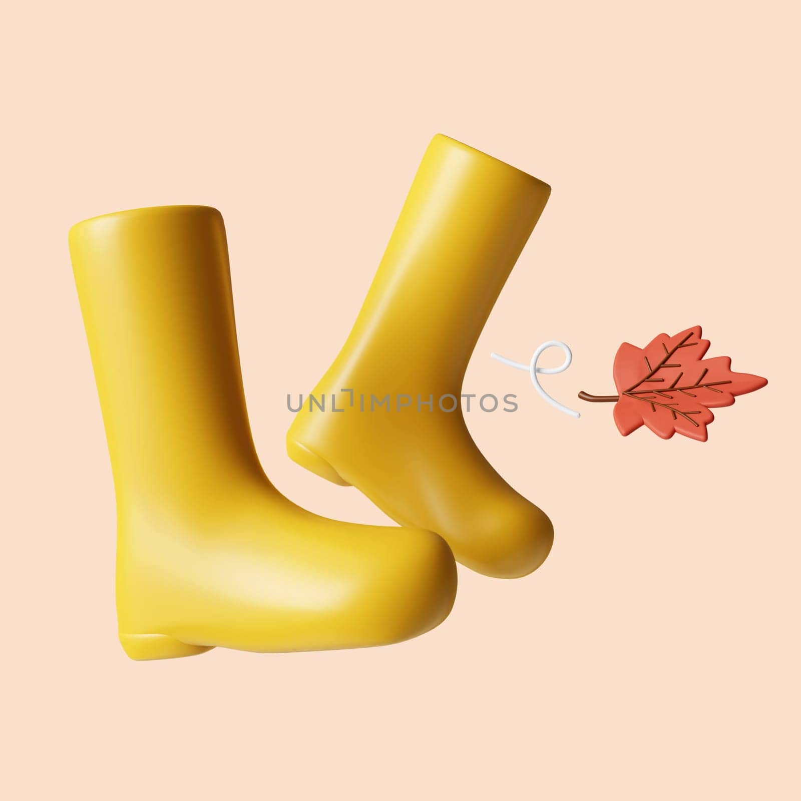3d Autumn boot . Golden fall. Season decoration. icon isolated on gray background. 3d rendering illustration. Clipping path..