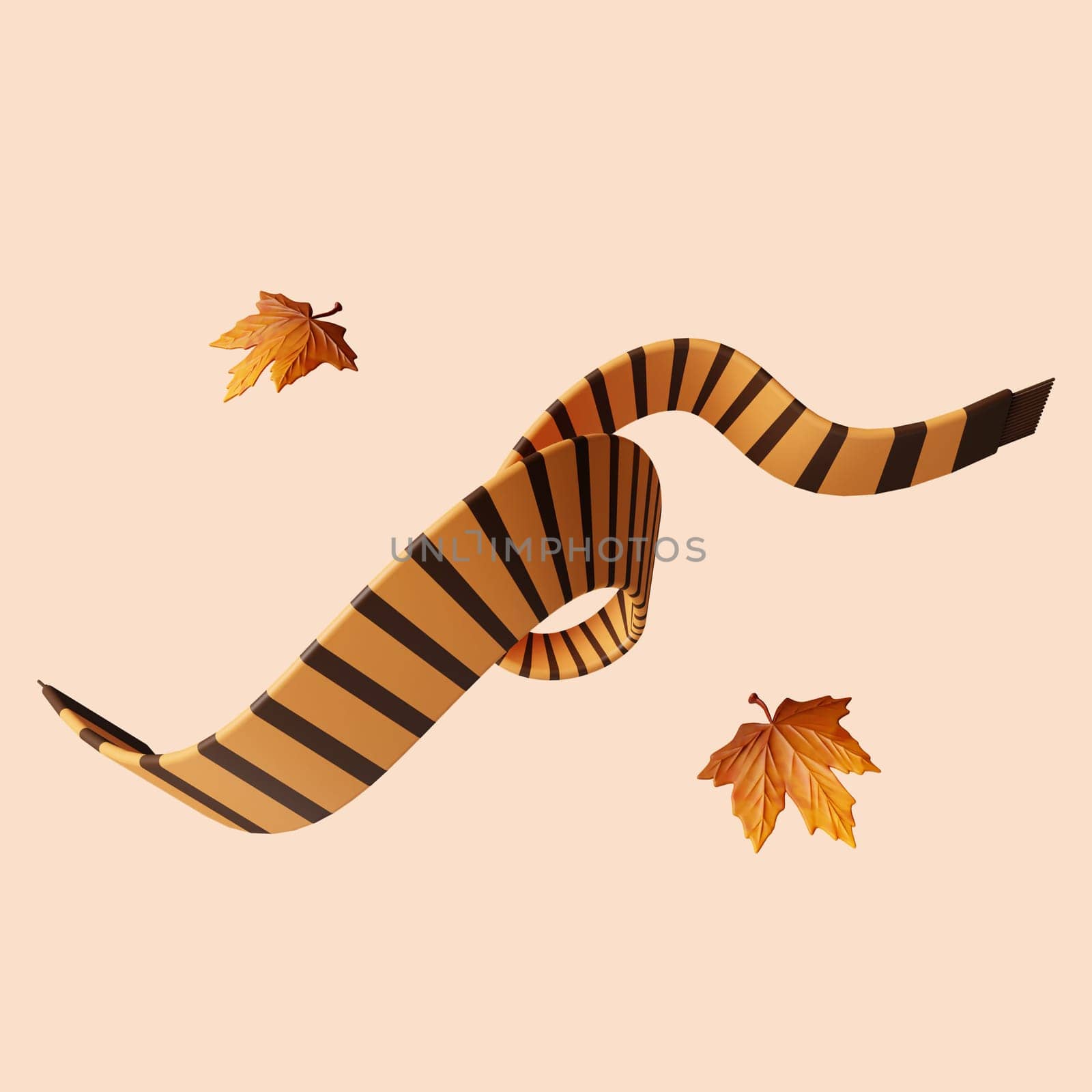 3d Autumn scarf. Golden fall. Season decoration. icon isolated on gray background. 3d rendering illustration. Clipping path..