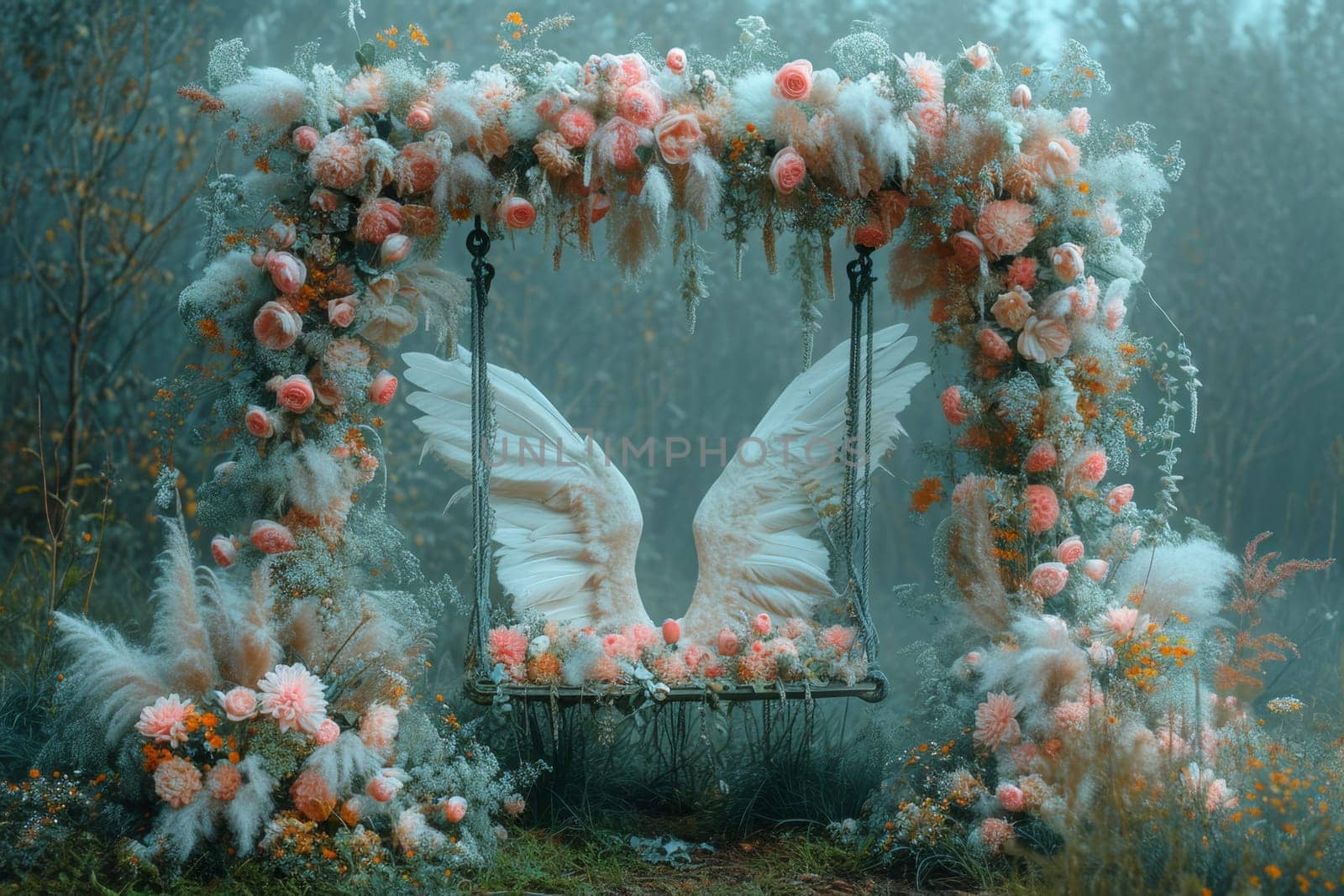 swing in an arch decorated with flowers . floral decoration.