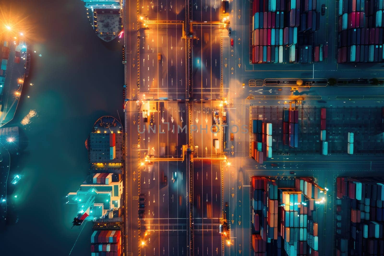 Container cargo ship and trucks of industrial cargo freight for shipping. Business logistic import export and transport industry by AI generated image by wichayada