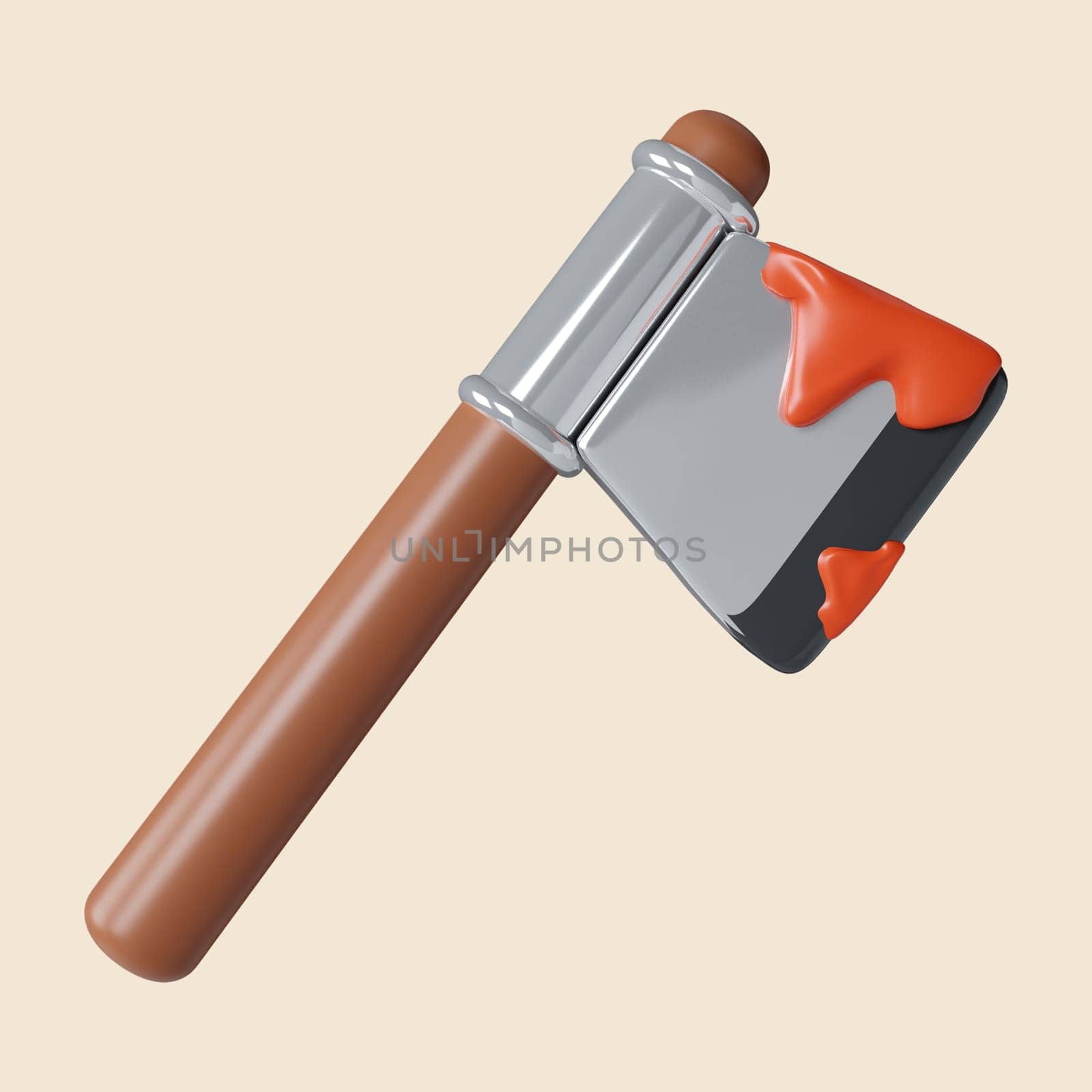 3d Halloween axe with blood icon. Traditional element of decor for Halloween. icon isolated on gray background. 3d rendering illustration. Clipping path..
