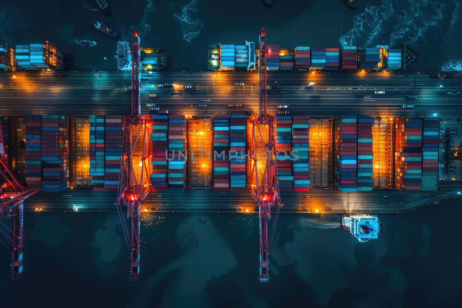 Container cargo ship and trucks of industrial cargo freight for shipping. Business logistic import export and transport industry by AI generated image by wichayada