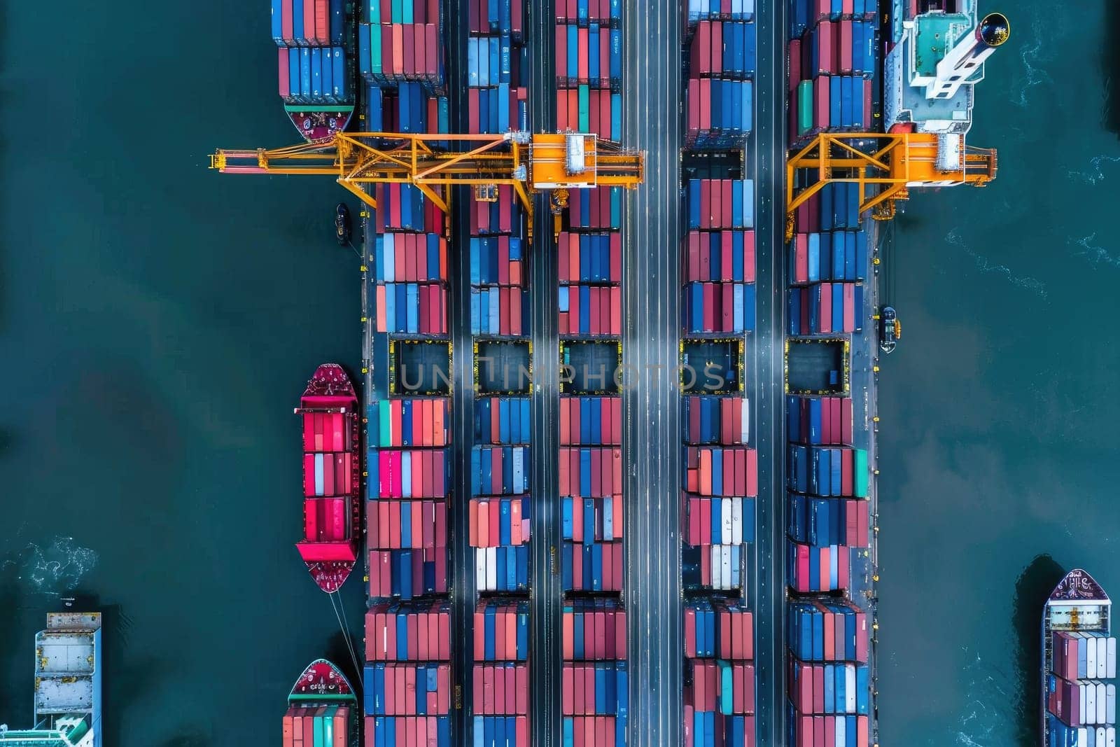 Container cargo ship and trucks of industrial cargo freight for shipping. Business logistic import export and transport industry by AI generated image.