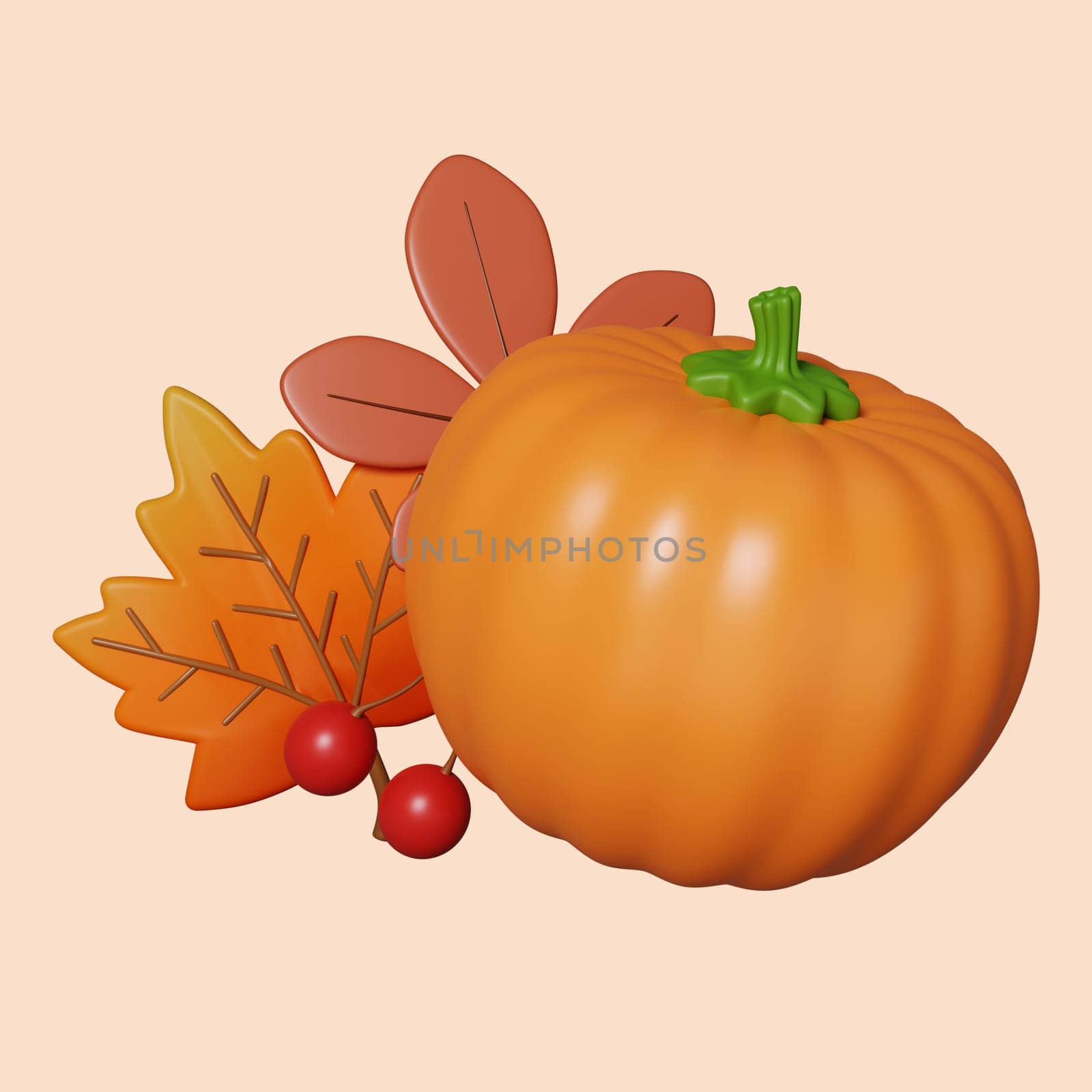 3d Autumn pumpkin leaf. Golden fall. Season decoration. icon isolated on gray background. 3d rendering illustration. Clipping path..