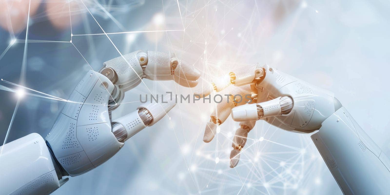 Hands of robot and human touching on big data network connection background by AI generated image.