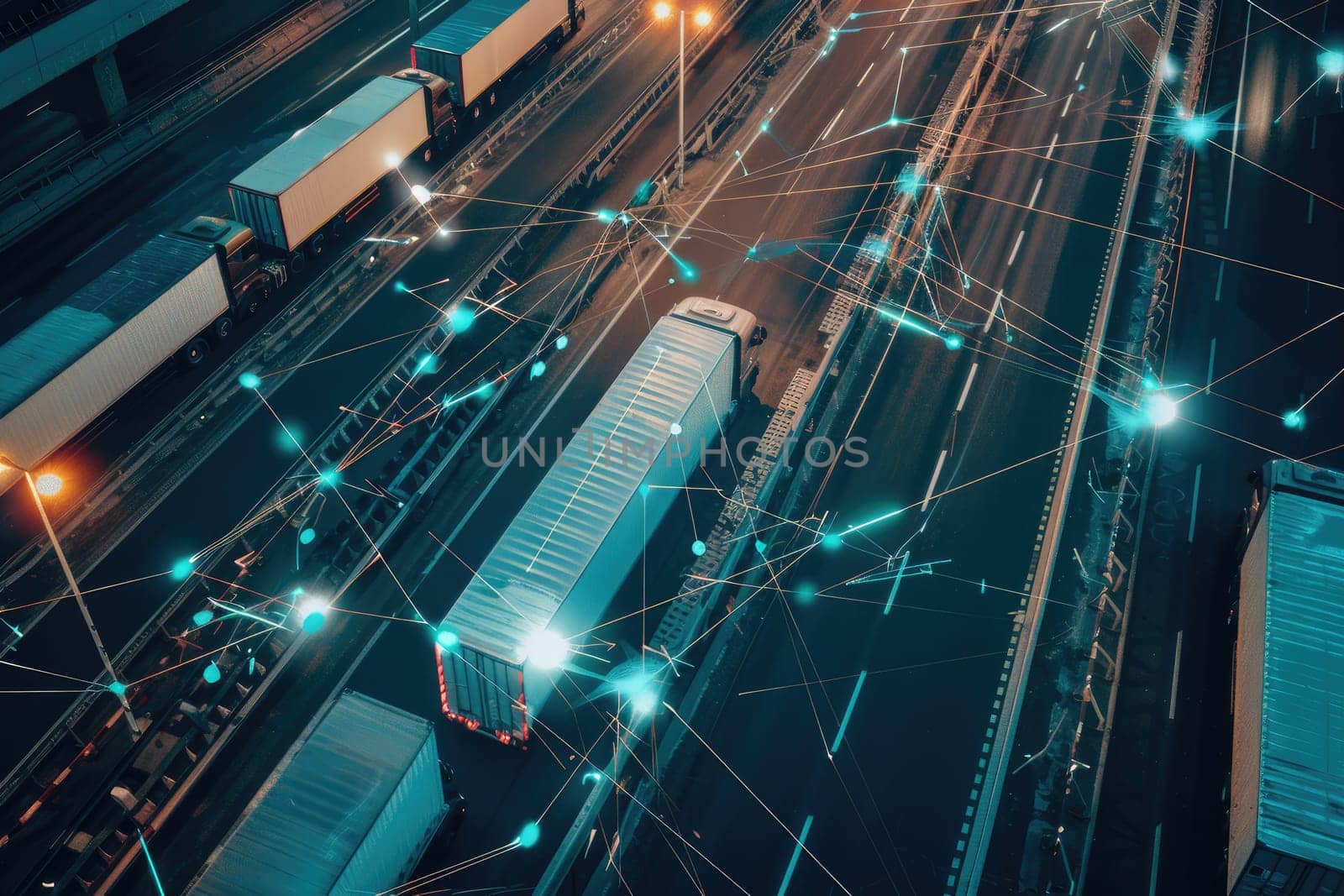 Transportation and logistics network distribution growth. .Engineers online checking, Management and control cargo trucks by AI generated image by wichayada