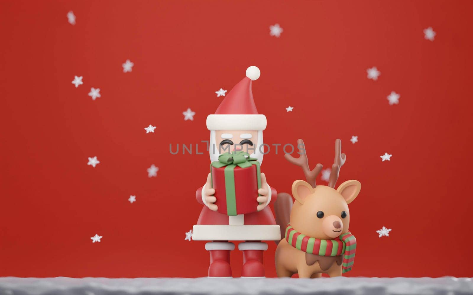 3D Christmas characters. Cute Santa Claus holding gift, reindeer render, New Year winter banner. Merry Christmas and Happy new year concept..