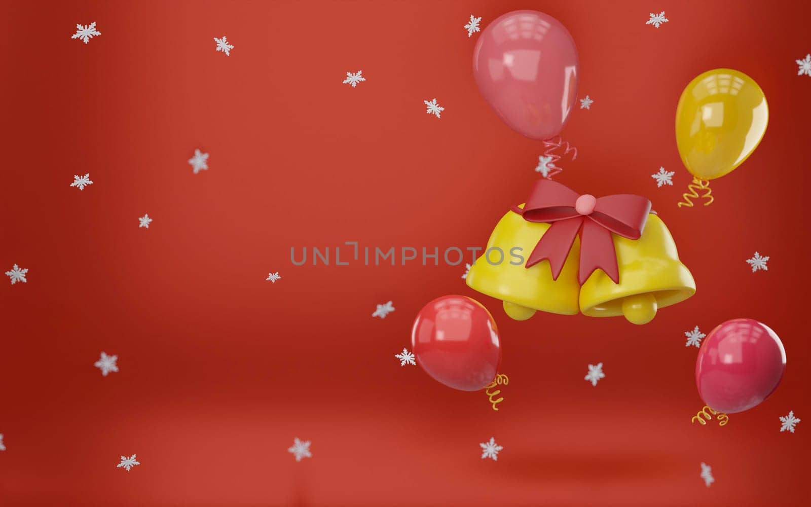 3d rendering Golden bell with a red bow, red balloon and yellow balloon, Merry Christmas and Happy new year concept..